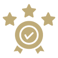 Three stars with checkmark in circle.